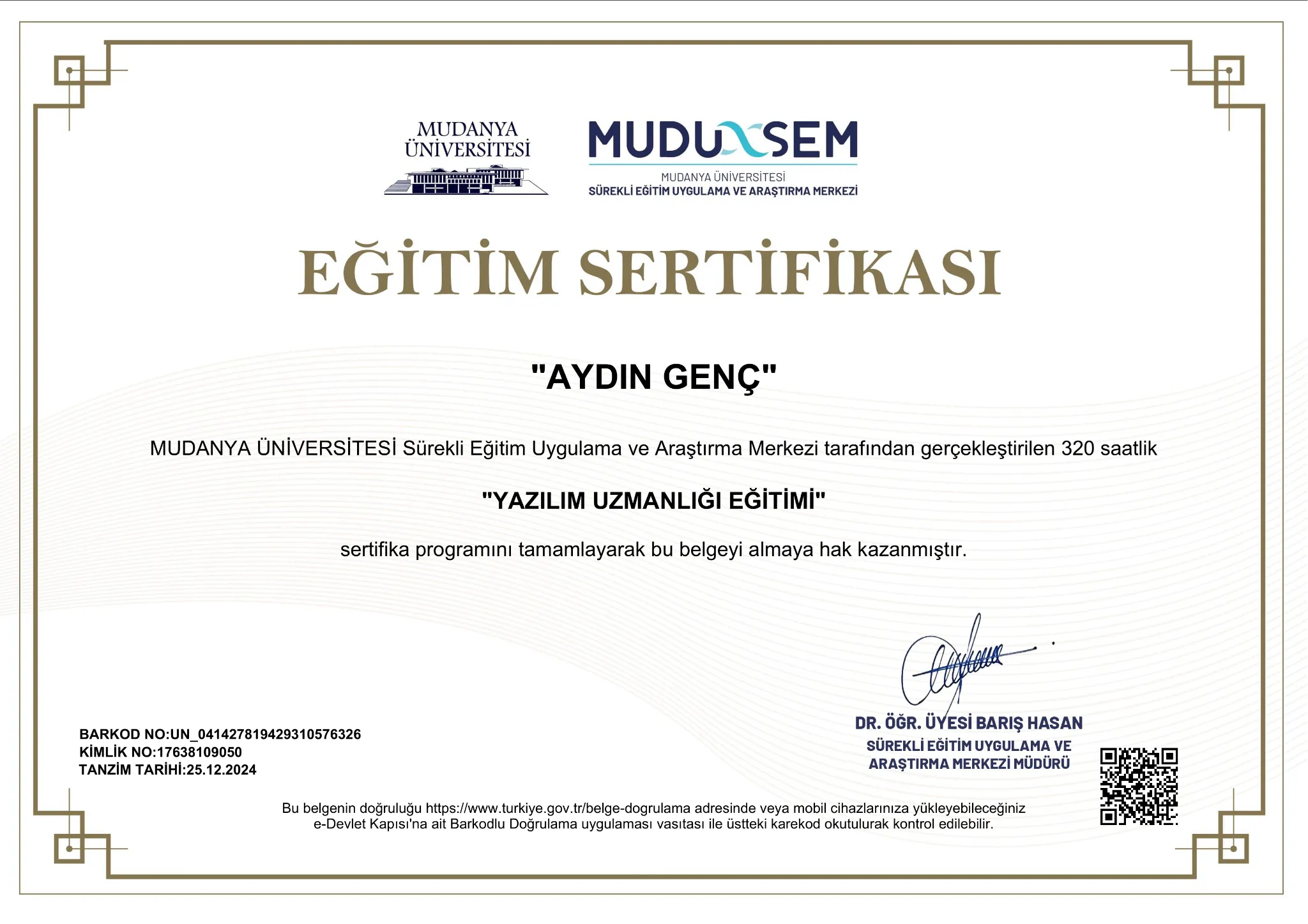 Yazılım Uzmanlığı Eğitimi belgesi