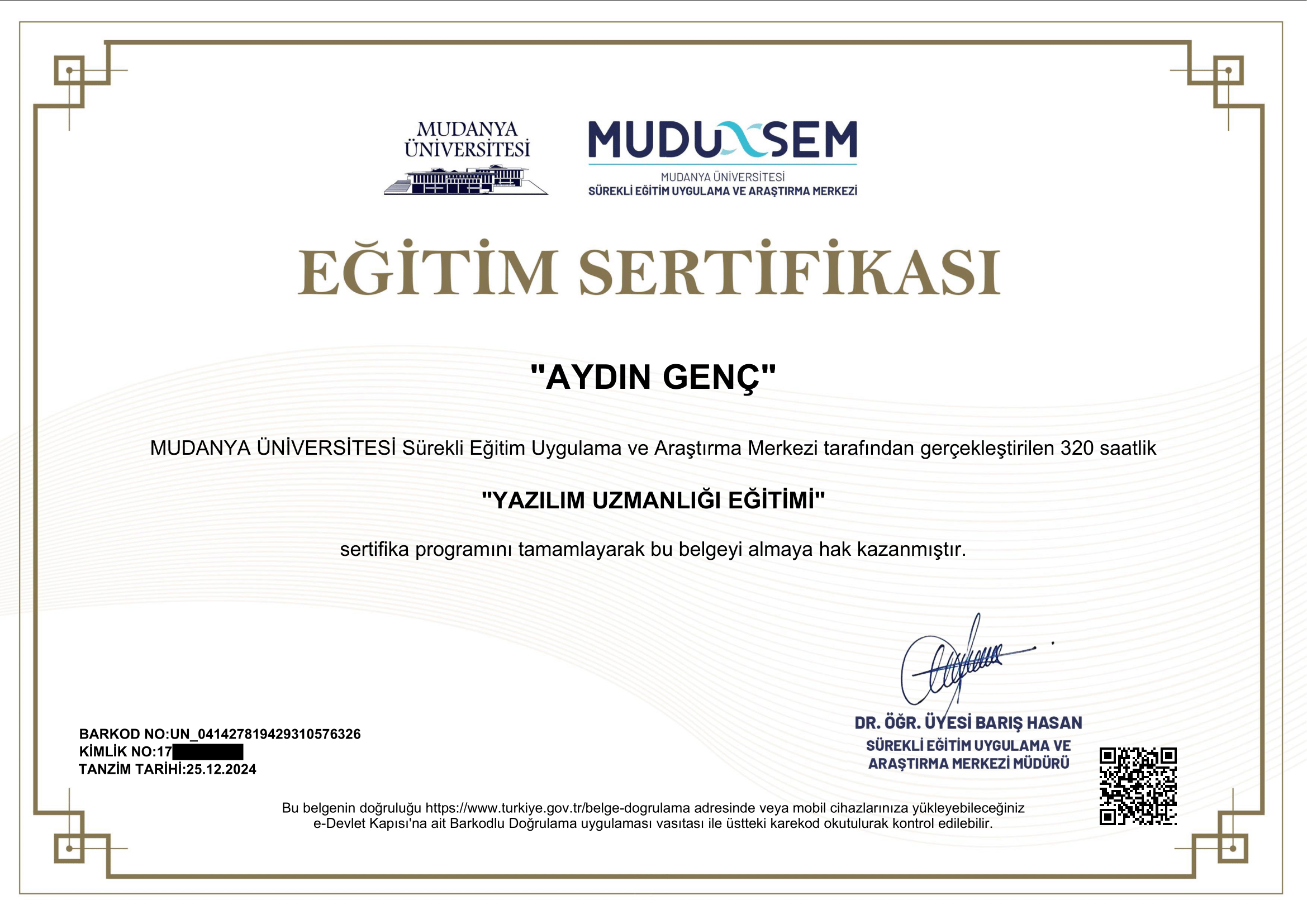 Yazılım Uzmanlığı Sertifikası